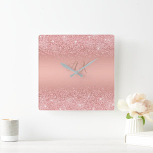 Elegant Rose Gold Luxe Shimmer Monogram  Square Wall Clock