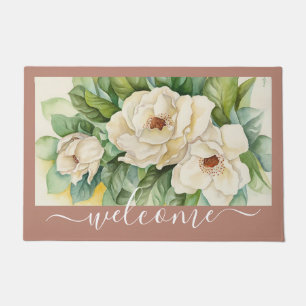 Elegant Rose Gold Magnolia Floral Welcome Script Doormat