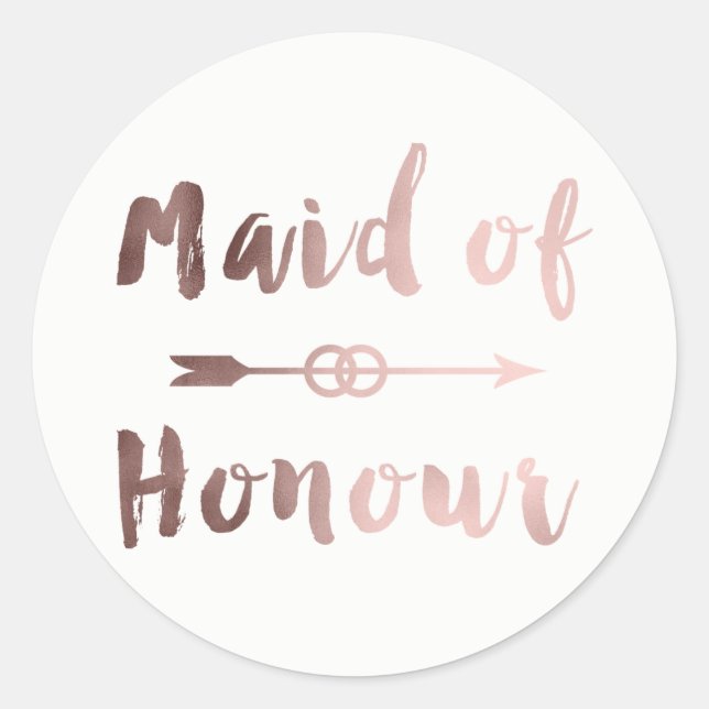 elegant rose gold maid of honour arrow wedding rin classic round sticker (Front)