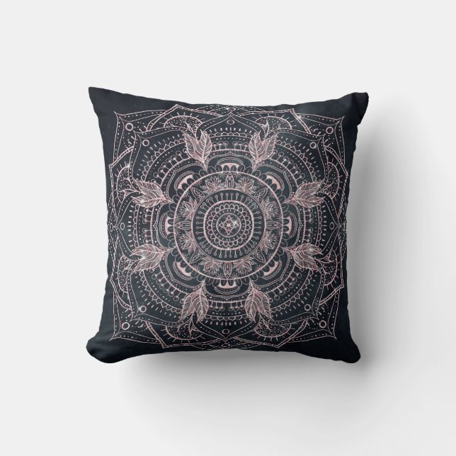 Elegant Rose Gold Mandala Gray Nebula Design Throw Pillow (Front)