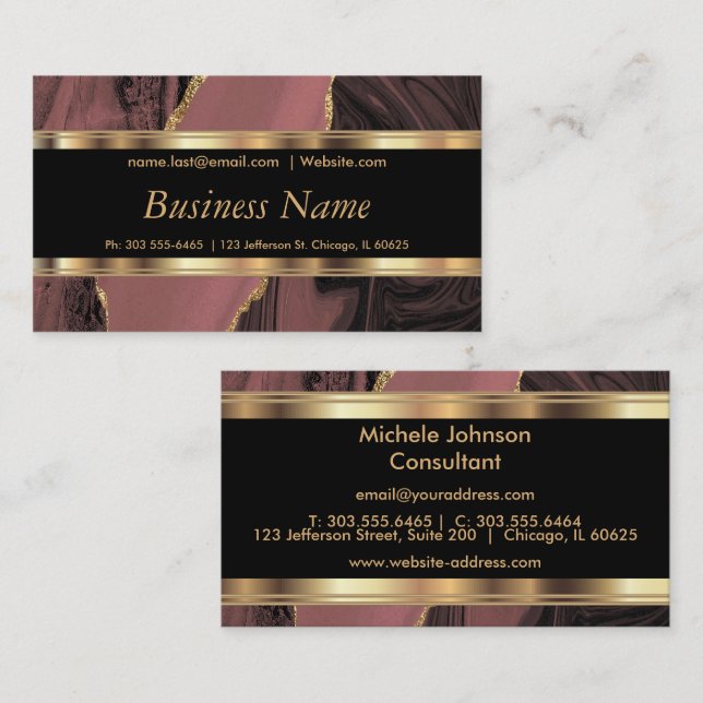 Elegant Rose Gold Marble and Gold Business Card (Front/Back)