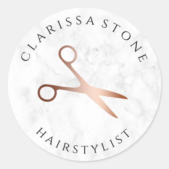 Elegant rose gold & marble scissors hairstylist classic round sticker (Front)
