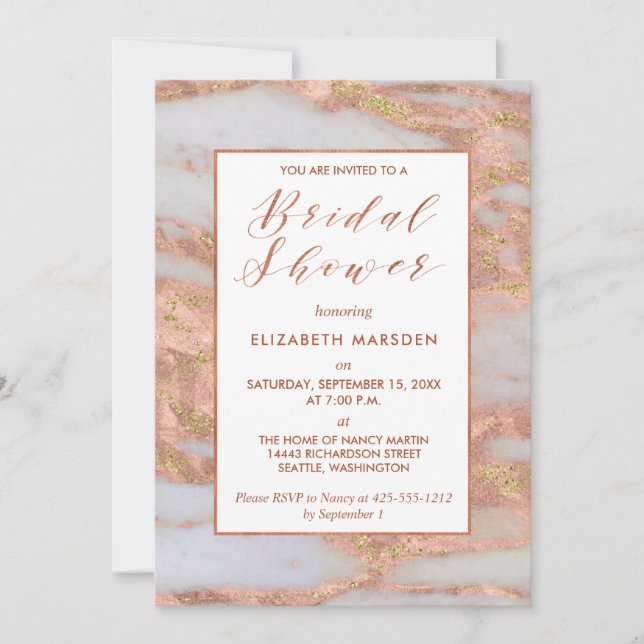 Elegant Rose Gold Marble Script Bridal Shower Invitation (Front)