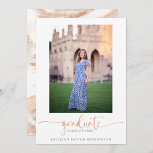 Elegant Rose Gold Marble Script Graduation Photo Announcement