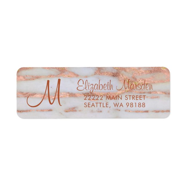 Elegant Rose Gold Marble Script Return Address (Front)
