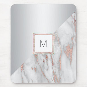 Elegant Rose Gold Marble Silver MONOGRAM Mouse Pad