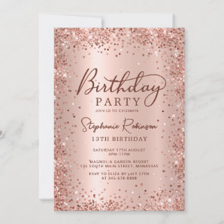 Elegant Rose Gold Metallic Glitter 13th Birthday  Invitation