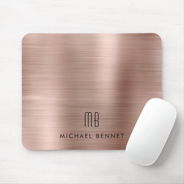 Elegant Rose Gold Metallic Monogram Name Mouse Pad (With Mouse)