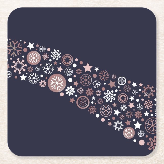 Elegant Rose Gold Metallic Snowflake Wave Square Paper Coaster (Front)