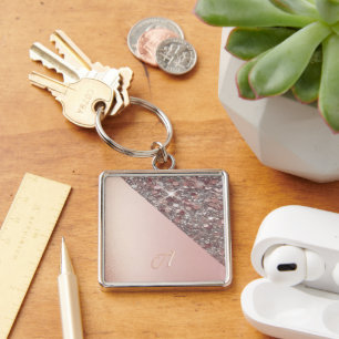 Elegant Rose Gold Monogram Button Keychain
