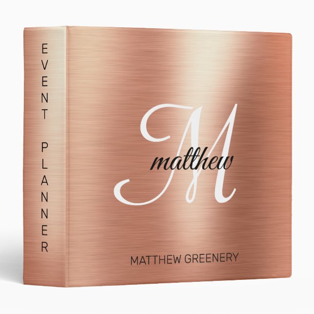 Elegant Rose Gold Monogram Event Planner Binder (Front/Spine)