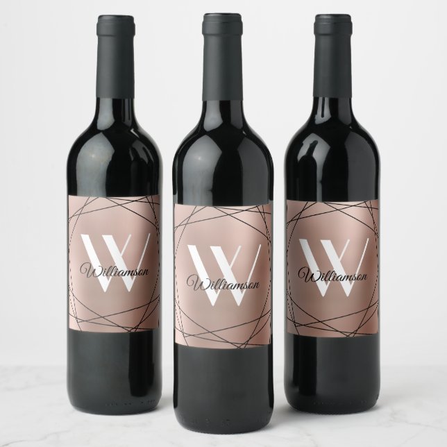 Elegant Rose Gold Monogram Geometric Name Script Wine Label (Bottles)