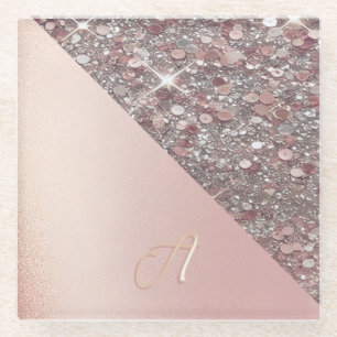 Elegant Rose Gold Monogram Glass Coaster