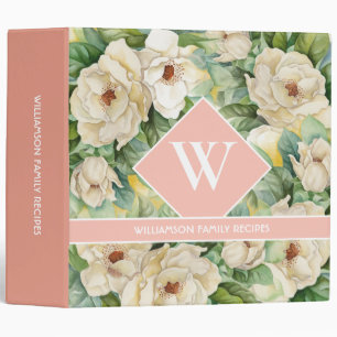 Elegant Rose Gold Monogram Magnolia Floral Recipe Binder