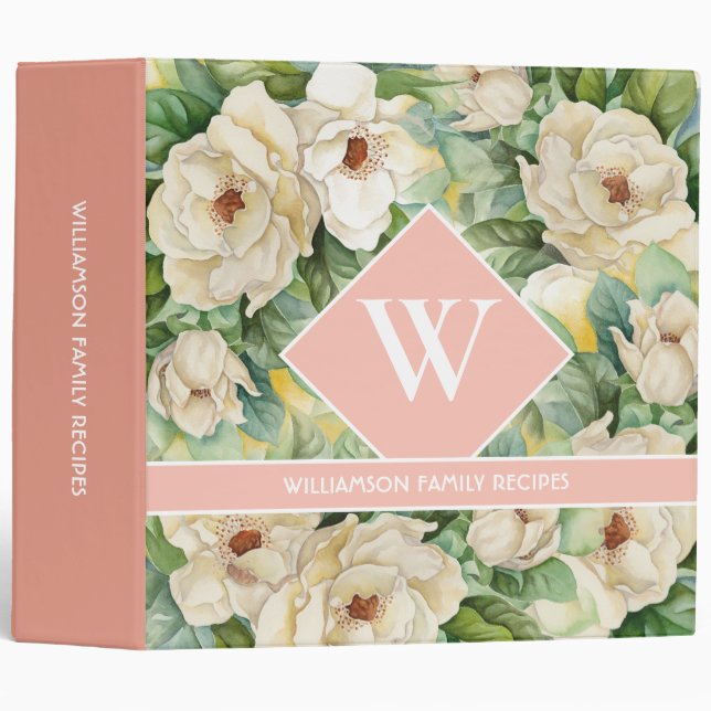 Elegant Rose Gold Monogram Magnolia Floral Recipe Binder (Front/Spine)