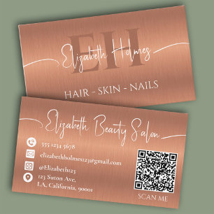Elegant Rose Gold Monogram Makeup Artist QR Code Business Card