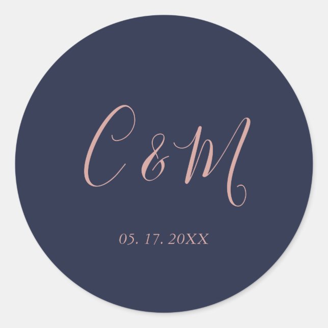Elegant Rose Gold Monogram Navy Wedding Classic Round Sticker (Front)