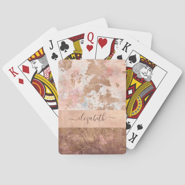 Elegant Rose Gold Monogram Pink Marble  Playing Cards (Back)