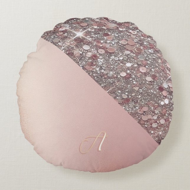 Elegant Rose Gold Monogram Round Pillow (Front)