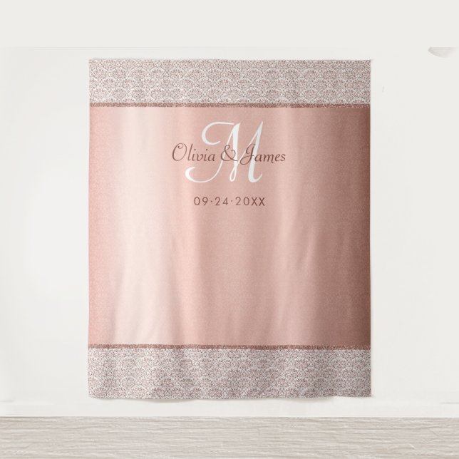 Elegant Rose Gold Monogram Wedding Backdrop Tapestry (Front)