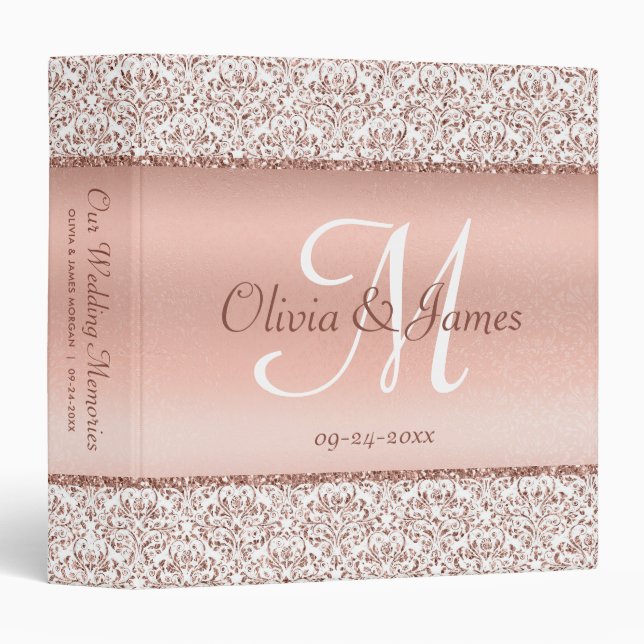 Elegant Rose Gold Monogram Wedding  Binder (Front/Spine)