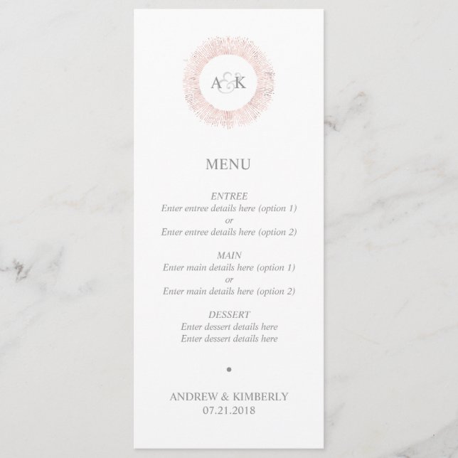 Elegant rose gold monogram wedding menu (Front)