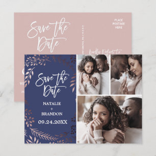 Elegant Rose Gold Navy 3 Photo Save the Date Announcement Postcard
