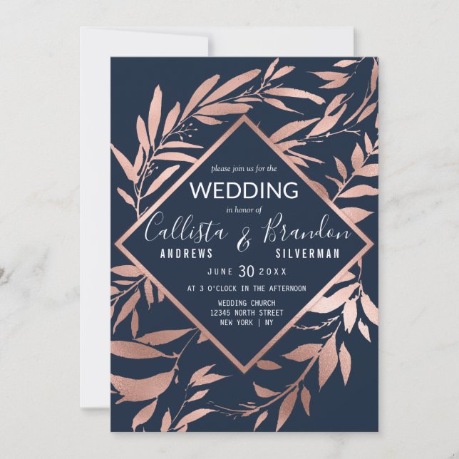 Elegant Rose Gold Navy Blue Floral Leaves Wedding Invitation (Front)