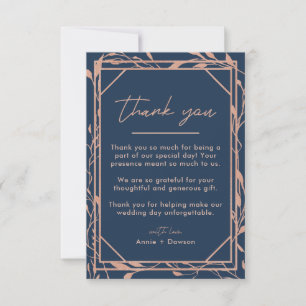 Elegant Rose Gold & Navy Blue Floral Wedding Thank You Card