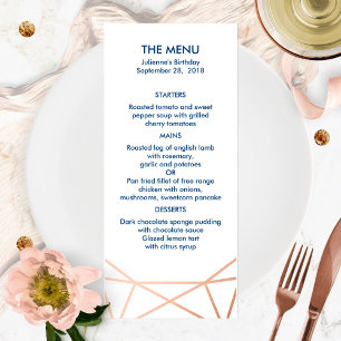 Elégant Rose Gold & Navy Blue Geometry 4x9 Menu