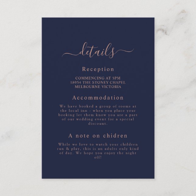 Elégant Rose Gold Navy Blue Mariage carte de détai (Devant)