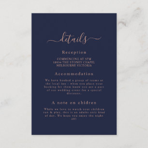 Elégant Rose Gold Navy Blue Mariage carte de détai