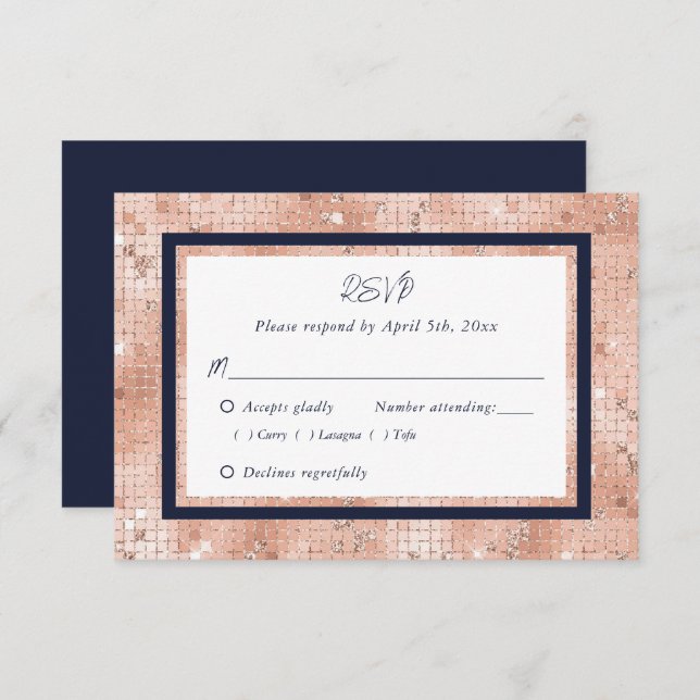 Elegant Rose Gold Navy Blue Script Wedding RSVP Card (Front/Back)