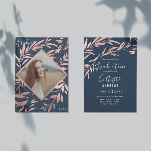 Elegant Rose Gold Navy Leaves Photo Graduation Invitation (Creator Uploaded)