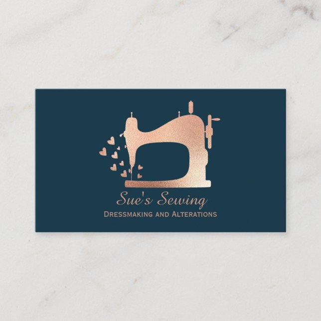 Elegant Rose Gold Navy Sewing Machine Business Card (Front)