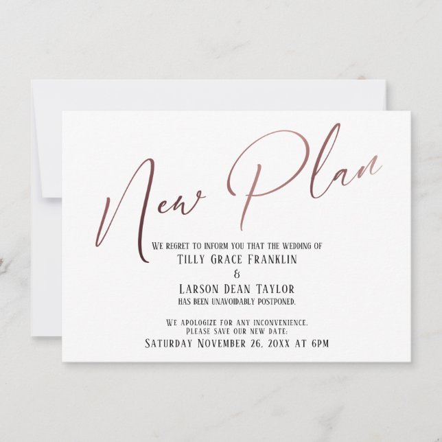 Elegant Rose Gold New Plan Announcement Card (Front)