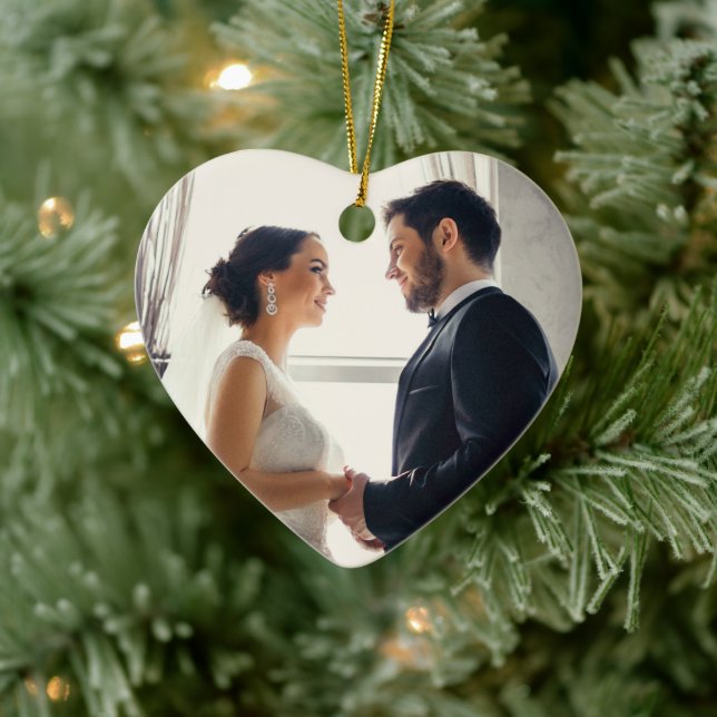 Elegant Rose Gold Newlyweds Wedding Photo Ceramic Ornament (Tree)