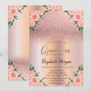 Elegant Rose Gold Ombre Floral Quinceañera Invitation