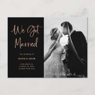 Elegant Rose Gold on Black   Photo Wedding Announcement Postcard
