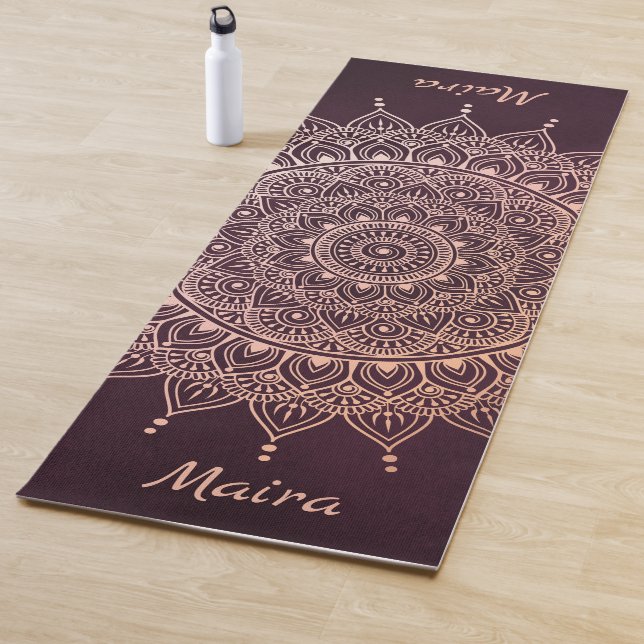 Elegant Rose Gold on Burgundy Floral Henna Mandala Yoga Mat (In Situ)