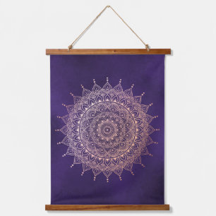 Elegant Rose Gold on Purple Floral Henna Mandala Hanging Tapestry