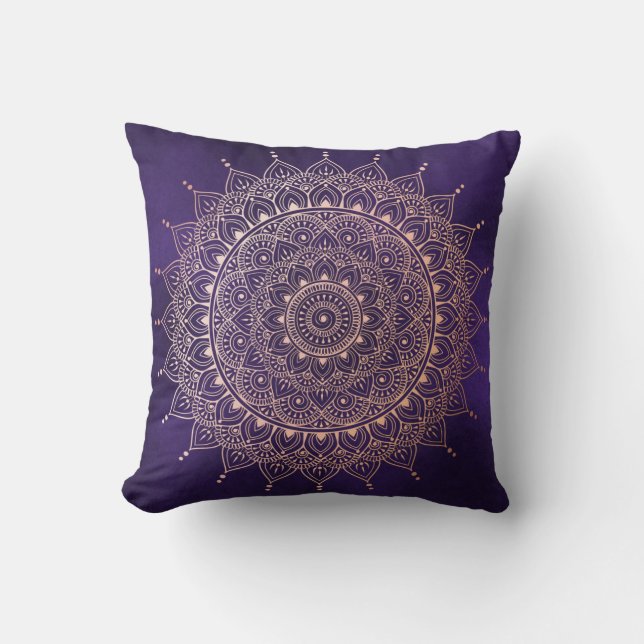 Elegant Rose Gold on Purple Floral Henna Mandala Throw Pillow (Front)