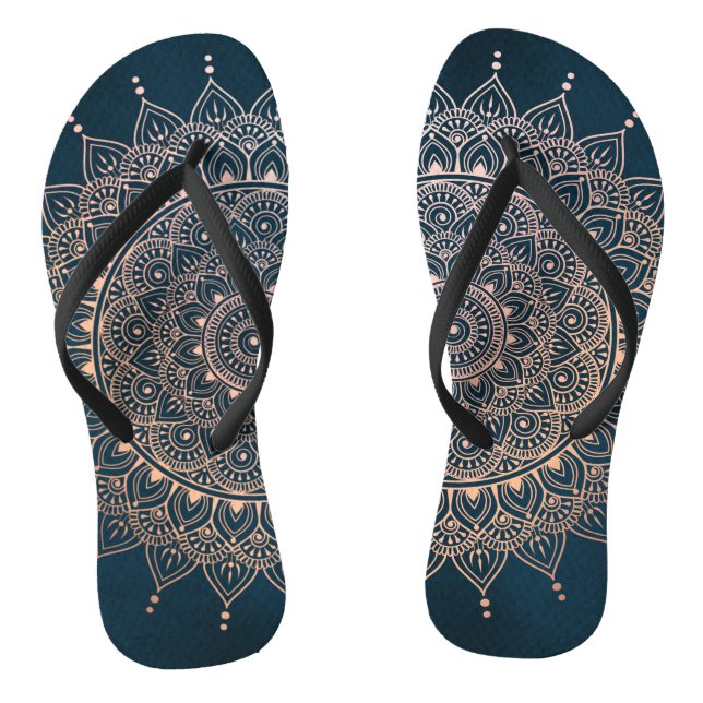 Elegant Rose Gold on Teal Floral Henna Mandala Flip Flops (Footbed)