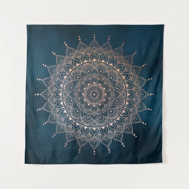 Elegant Rose Gold on Teal Floral Henna Mandala Tapestry (Front)