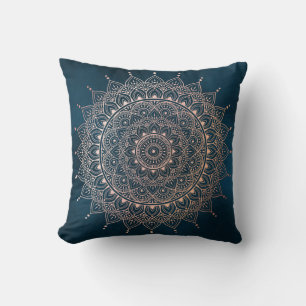 Elegant Rose Gold on Teal Floral Henna Mandala Throw Pillow