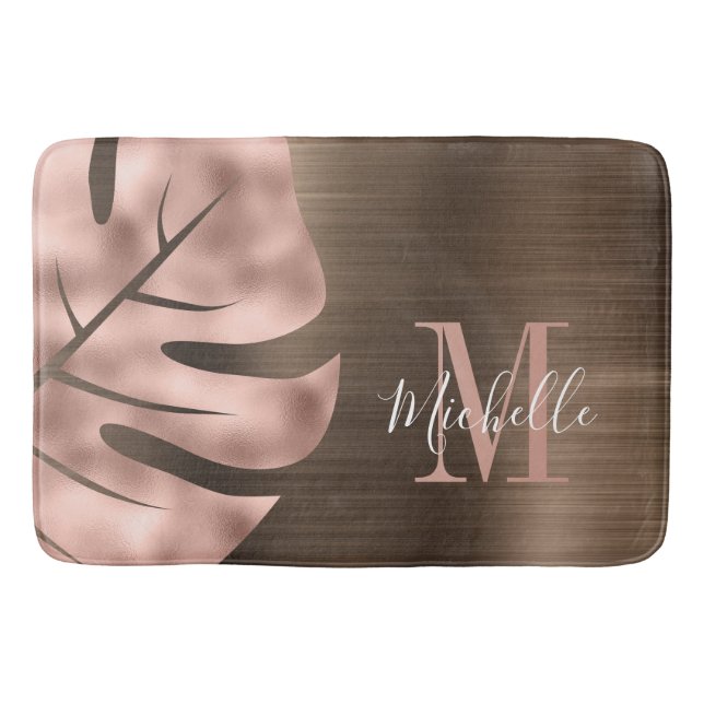 Elegant Rose Gold Palm Leaf Monogram Bath Mat (Front)