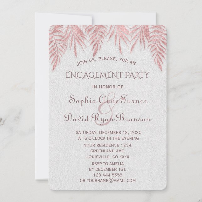 Elegant Rose Gold Palm Leaves Engagement Party Invitation (Front)