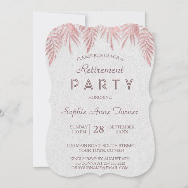 Elegant Rose Gold Palm Leaves Retirement Party Invitation (Front)