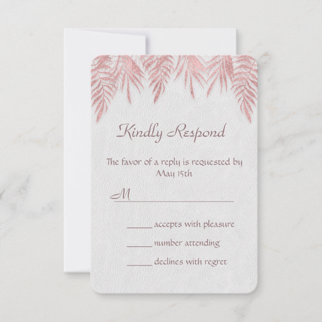 Elegant Rose Gold Palm Leaves Wedding RSVP Invite (Front)