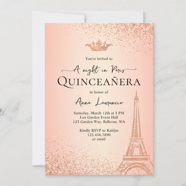 Elegant Rose Gold Paris Night Theme Quinceanera Invitation (Front)